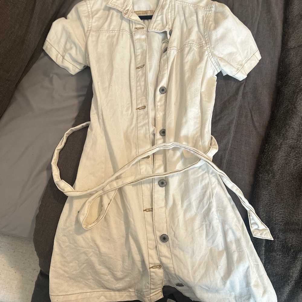 Casual Short-Sleeve Button-Front Mini Dress in Cream